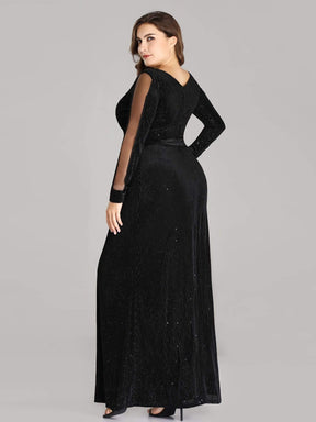 COLOR=Black | Elegant Long-Sleeve V Neck Glitter Formal Evening Dress-Black 2