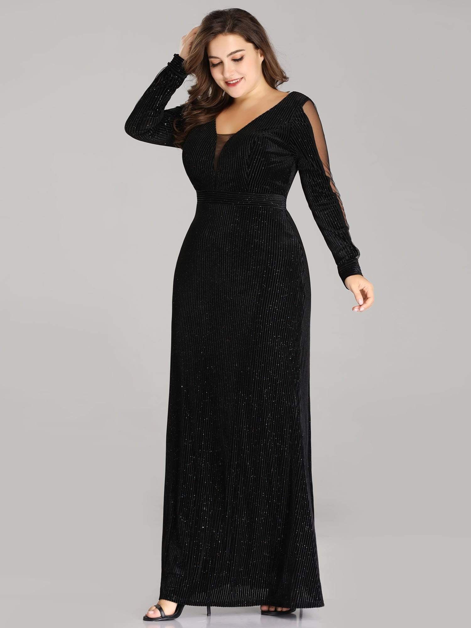 COLOR=Black | Elegant Long-Sleeve V Neck Glitter Formal Evening Dress-Black 3
