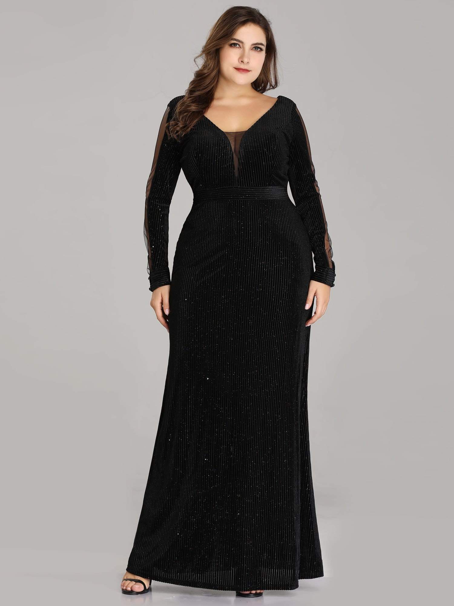 COLOR=Black | Elegant Long-Sleeve V Neck Glitter Formal Evening Dress-Black 4