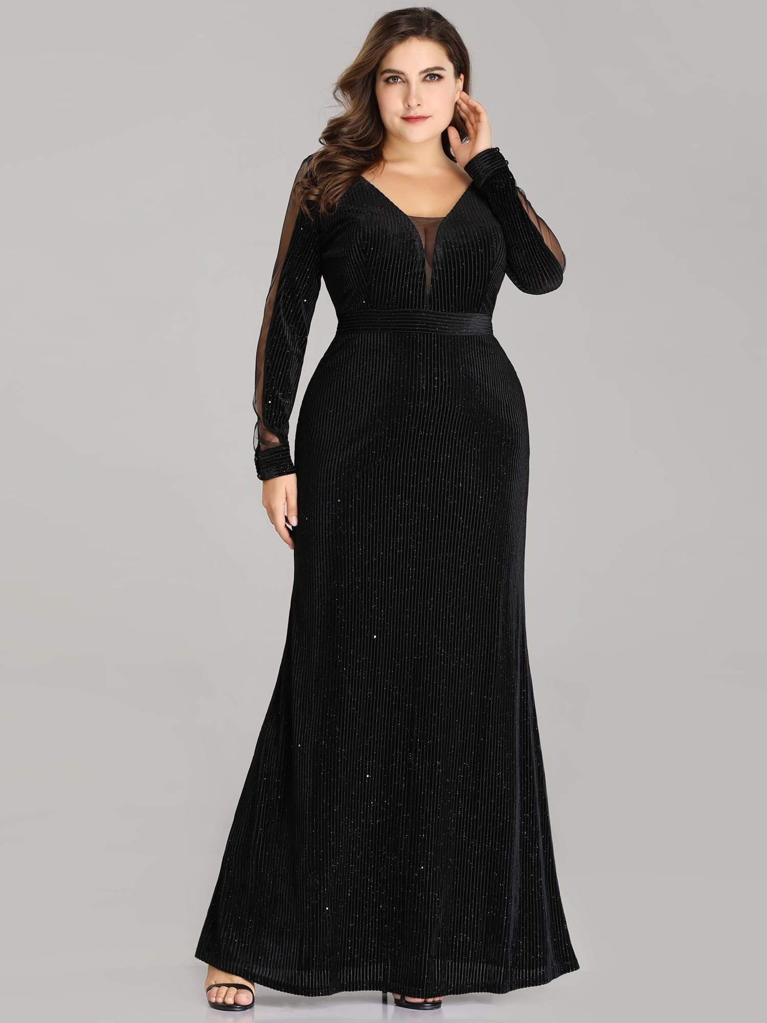 COLOR=Black | Elegant Long-Sleeve V Neck Glitter Formal Evening Dress-Black 1