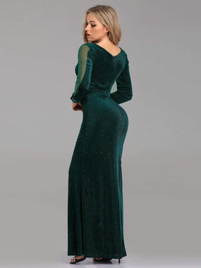 COLOR=Dark Green | Shimmery Evening Dress With Long Sleeves-Dark Green 2