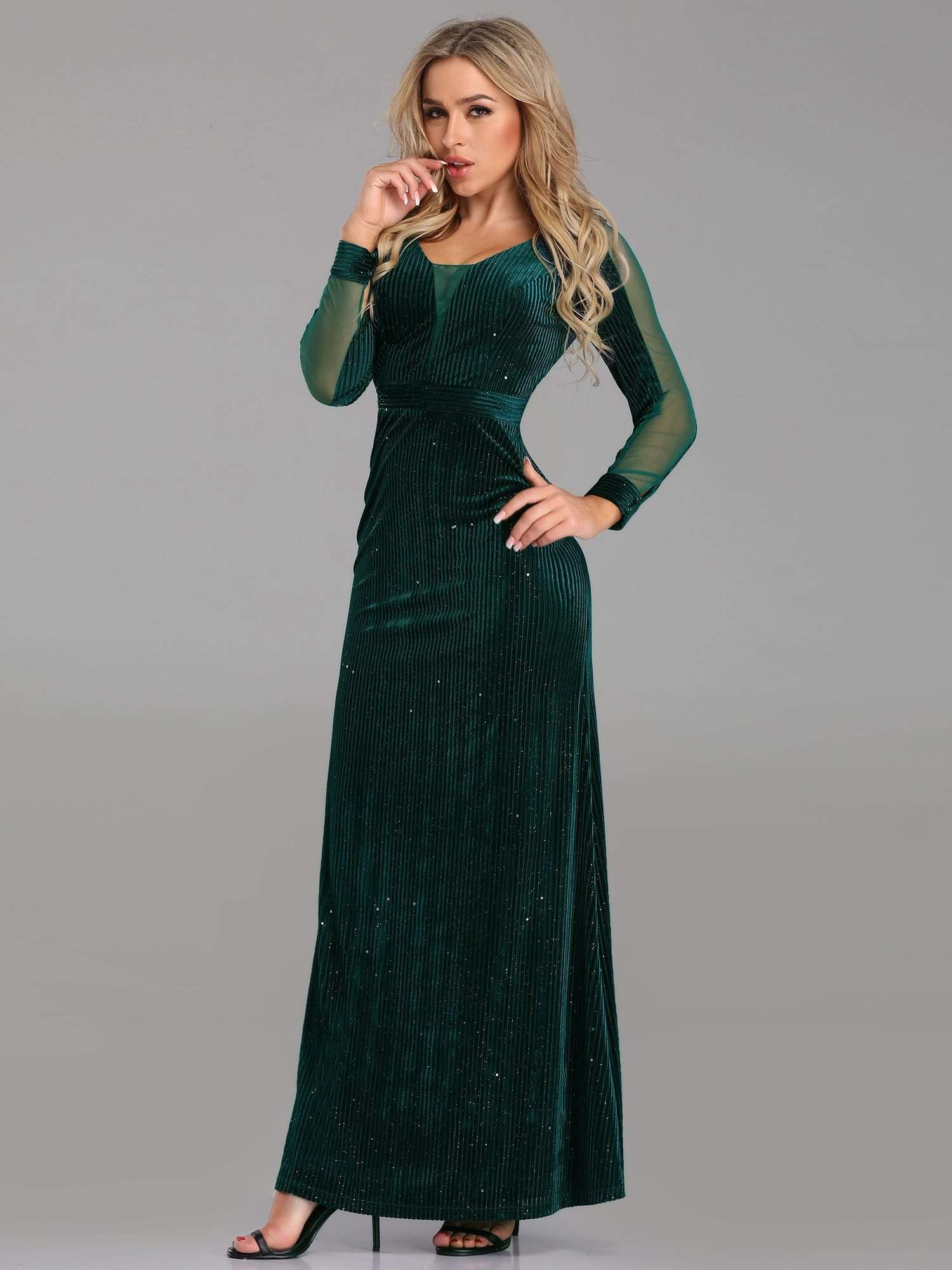 COLOR=Dark Green | Shimmery Evening Dress With Long Sleeves-Dark Green 4