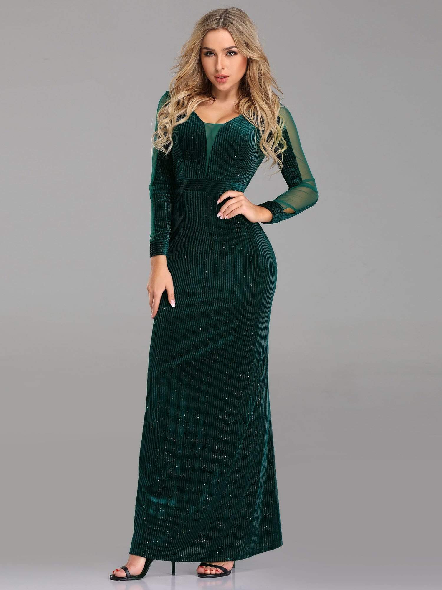 COLOR=Dark Green | Shimmery Evening Dress With Long Sleeves-Dark Green 1