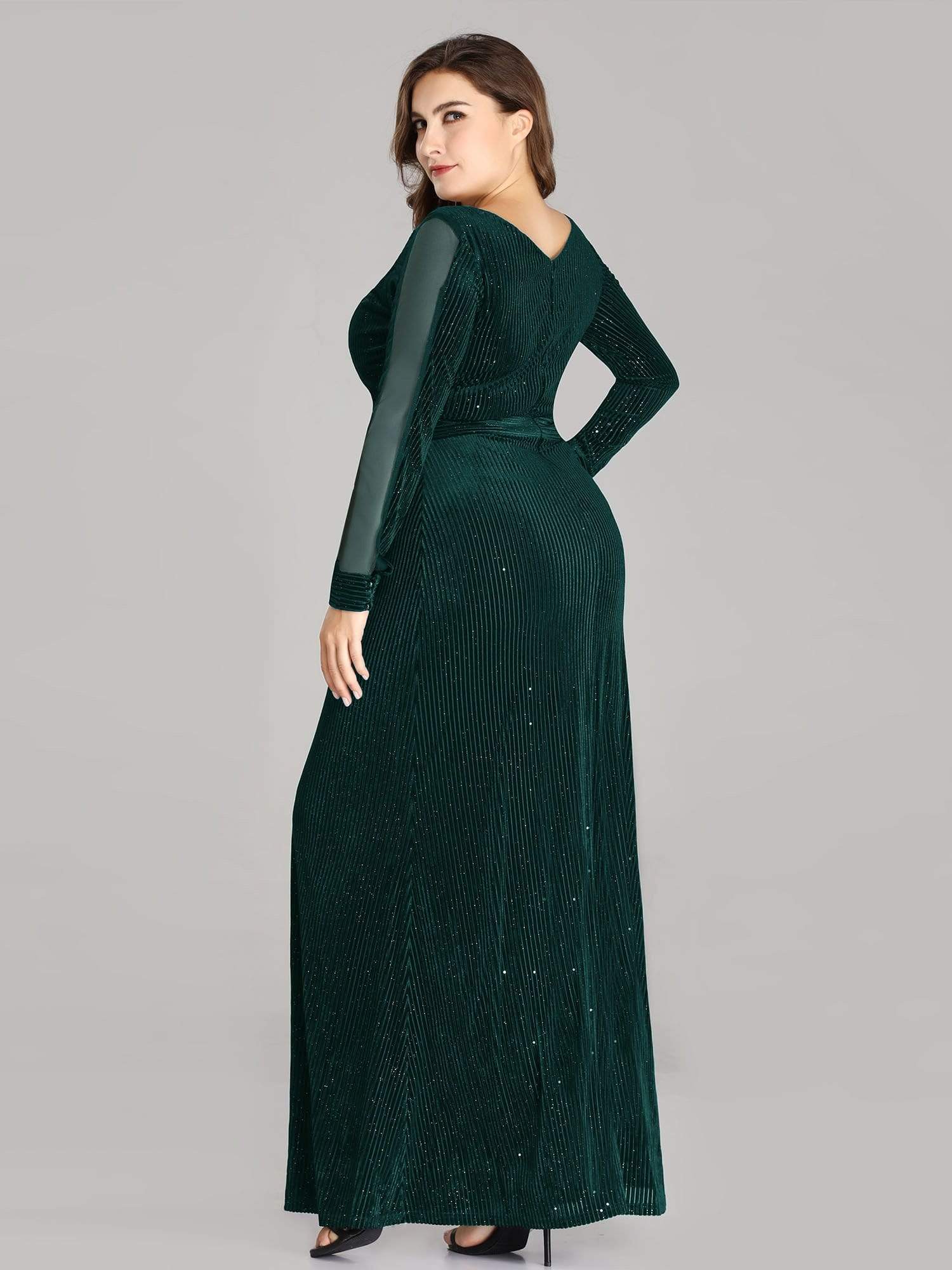 COLOR=Dark Green | Elegant Long-Sleeve V Neck Glitter Formal Evening Dress-Dark Green 2