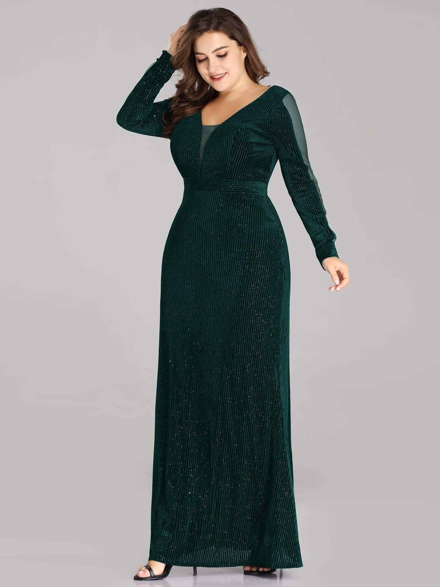 COLOR=Dark Green | Elegant Long-Sleeve V Neck Glitter Formal Evening Dress-Dark Green 3