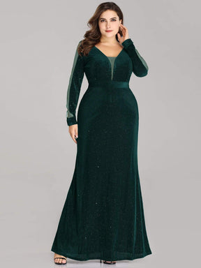 COLOR=Dark Green | Elegant Long-Sleeve V Neck Glitter Formal Evening Dress-Dark Green 1