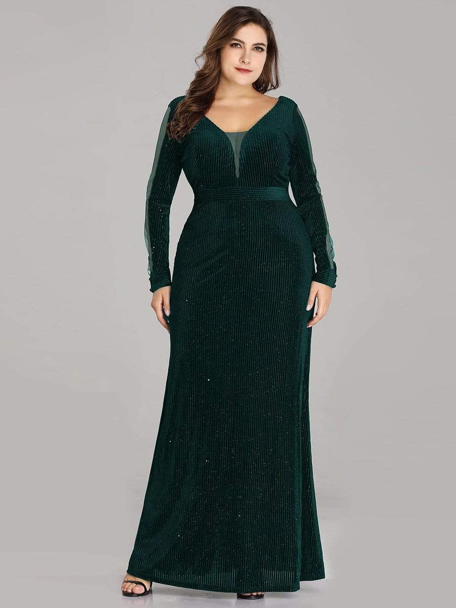 COLOR=Dark Green | Elegant Long-Sleeve V Neck Glitter Formal Evening Dress-Dark Green 4