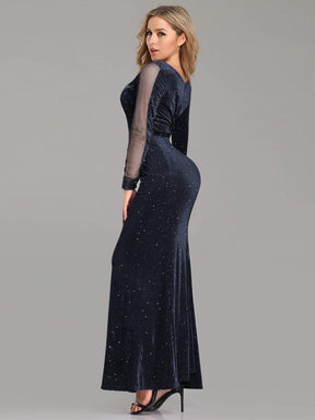 COLOR=Navy Blue | Shimmery Evening Dress With Long Sleeves-Navy Blue 2