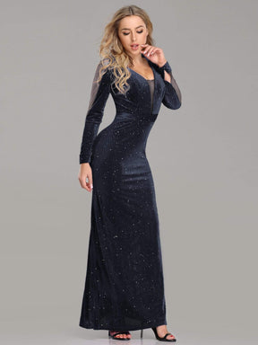 COLOR=Navy Blue | Shimmery Evening Dress With Long Sleeves-Navy Blue 3
