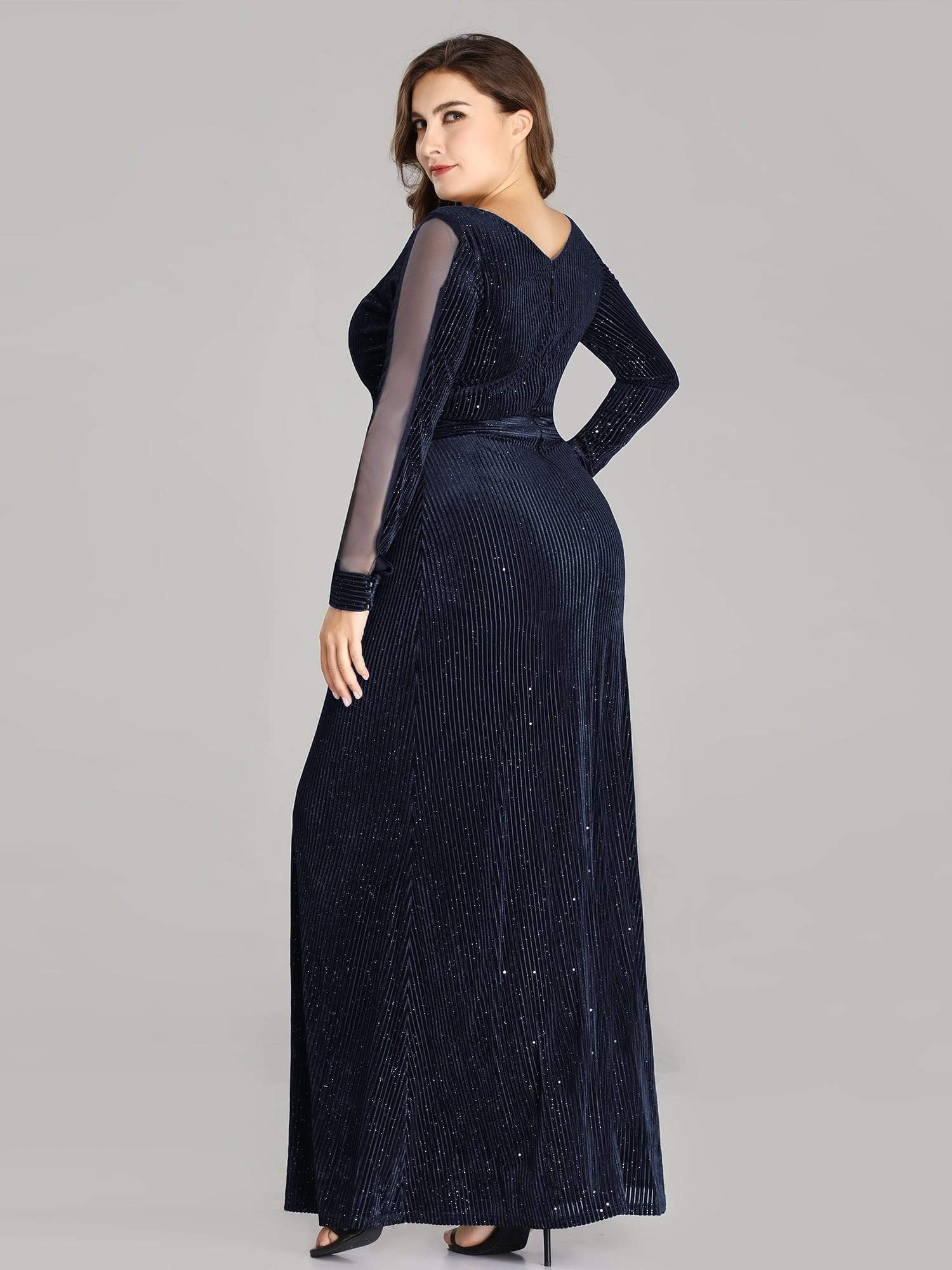 COLOR=Navy Blue | Elegant Long-Sleeve V Neck Glitter Formal Evening Dress-Navy Blue 2