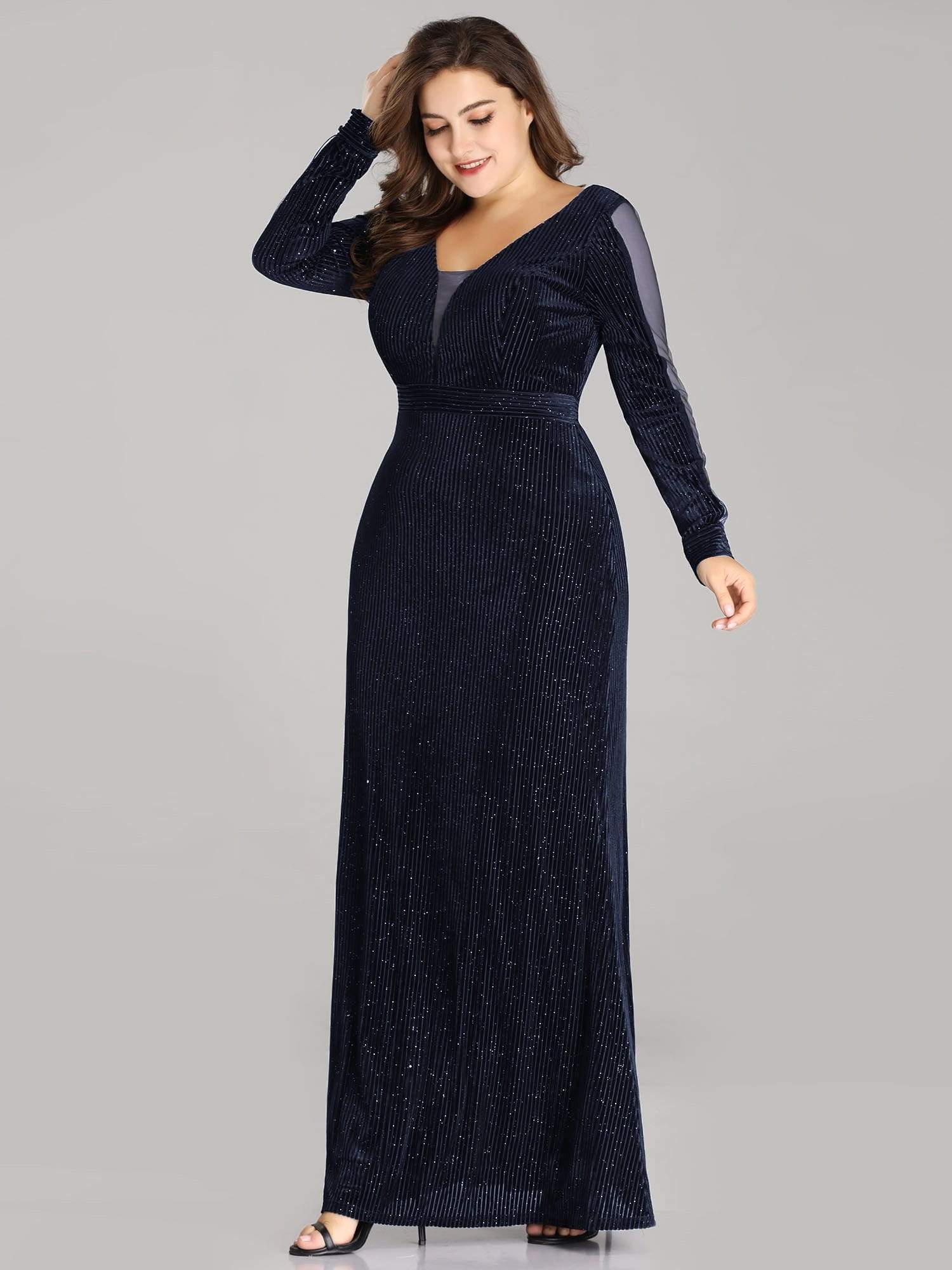 COLOR=Navy Blue | Elegant Long-Sleeve V Neck Glitter Formal Evening Dress-Navy Blue 3