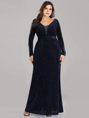 COLOR=Navy Blue | Elegant Long-Sleeve V Neck Glitter Formal Evening Dress-Navy Blue 4