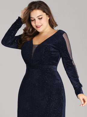 COLOR=Navy Blue | Elegant Long-Sleeve V Neck Glitter Formal Evening Dress-Navy Blue 5