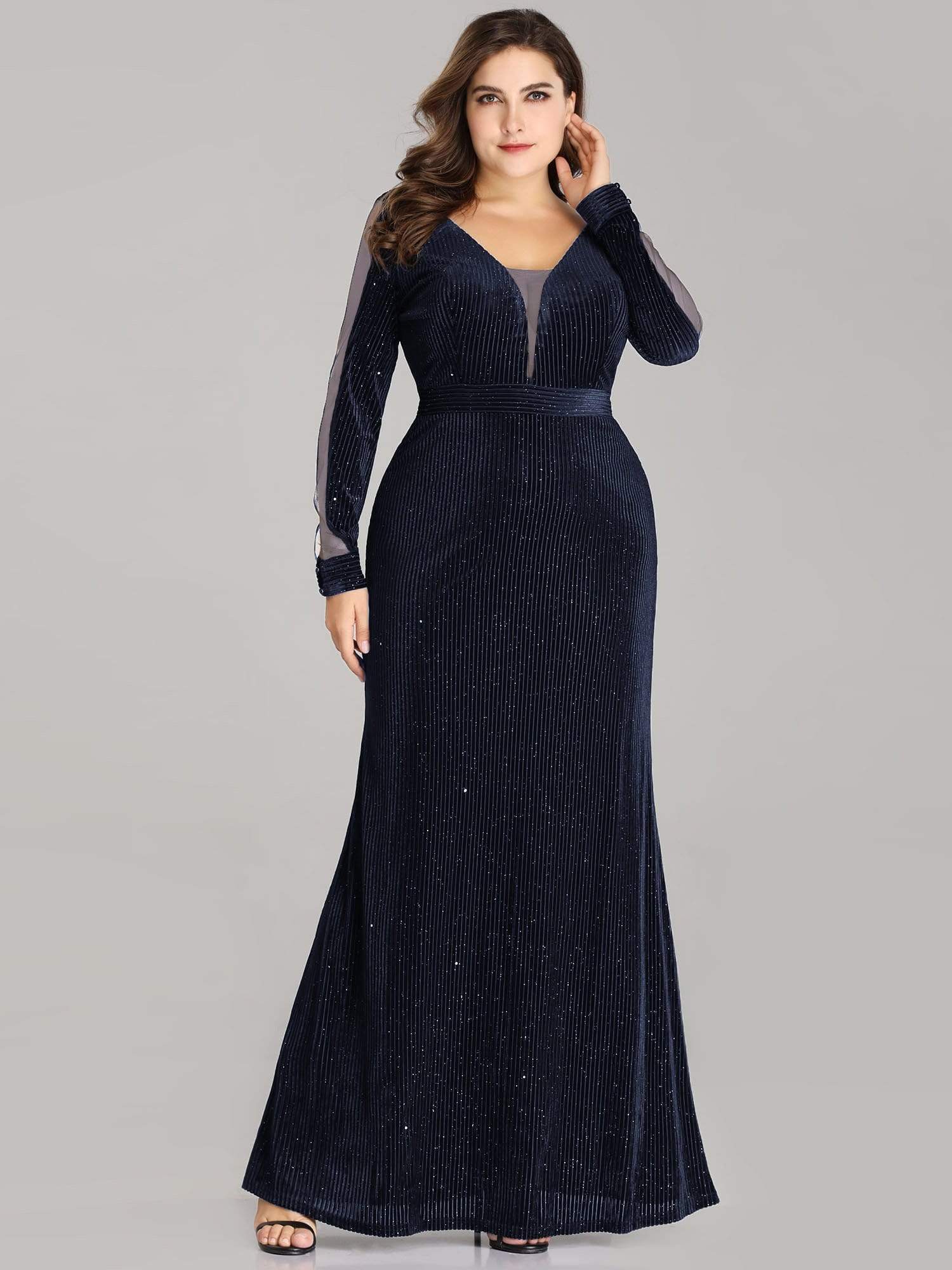 Color=Navy Blue | Shimmery Evening Dress With Long Sleeves-Navy Blue 10