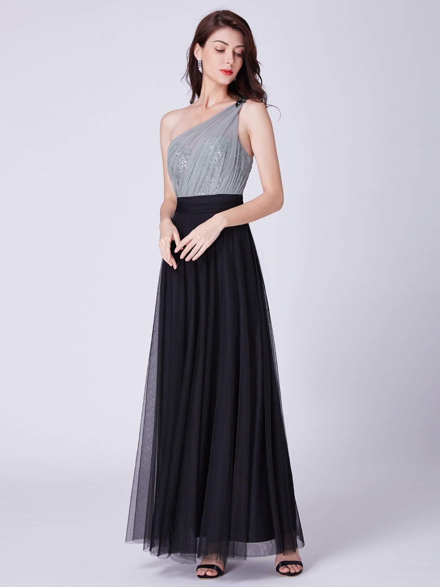 Color=Black | Long One Shoulder Tulle Party Dress-Black 3
