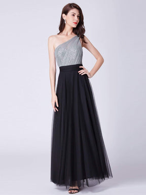 Color=Black | Long One Shoulder Tulle Party Dress-Black 4