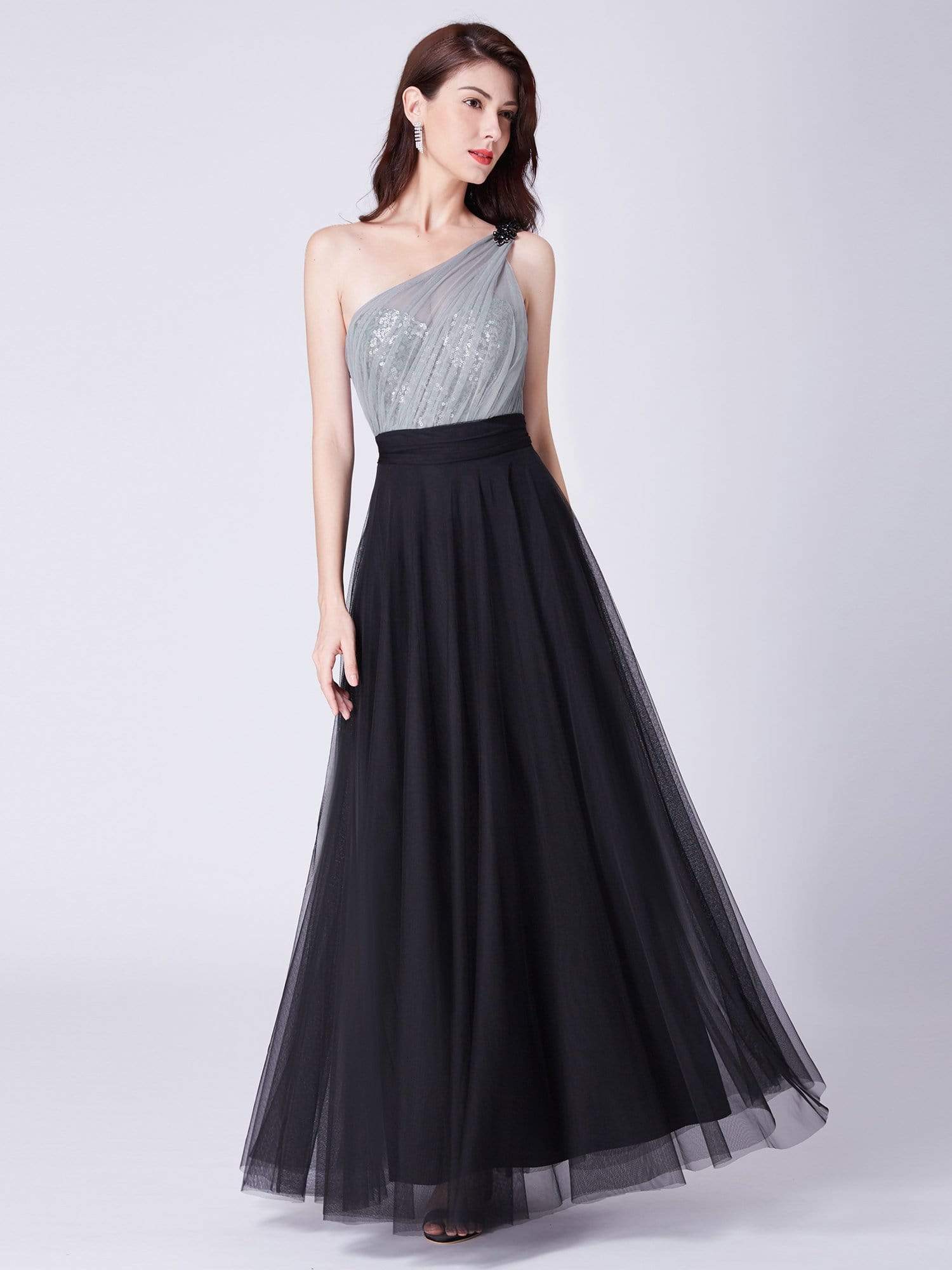 Color=Black | Long One Shoulder Tulle Party Dress-Black 1