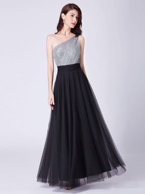 Color=Black | Long One Shoulder Tulle Party Dress-Black 1