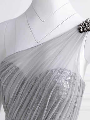 Color=Grey | Long One Shoulder Tulle Party Dress-Grey 9