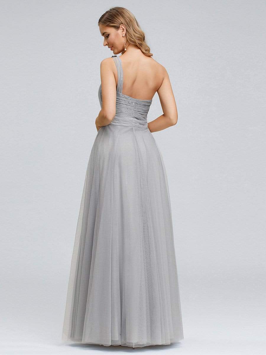 Color=Grey | Long One Shoulder Tulle Party Dress-Grey 4