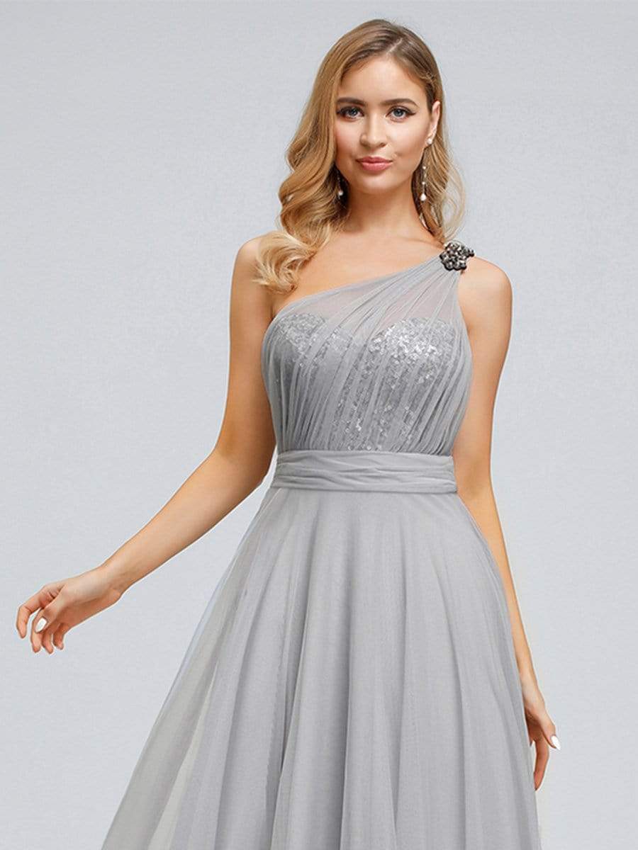 Color=Grey | Long One Shoulder Tulle Party Dress-Grey 7