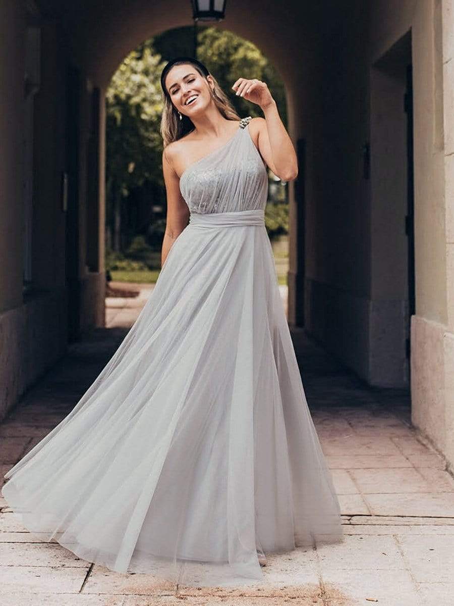 Color=Grey | Long One Shoulder Tulle Party Dress-Grey 1