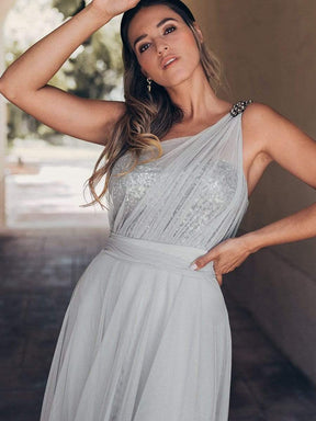 Color=Grey | Long One Shoulder Tulle Party Dress-Grey 2