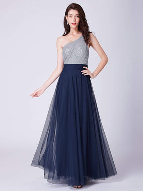 Color=Navy Blue | Long One Shoulder Tulle Party Dress-Navy Blue 12