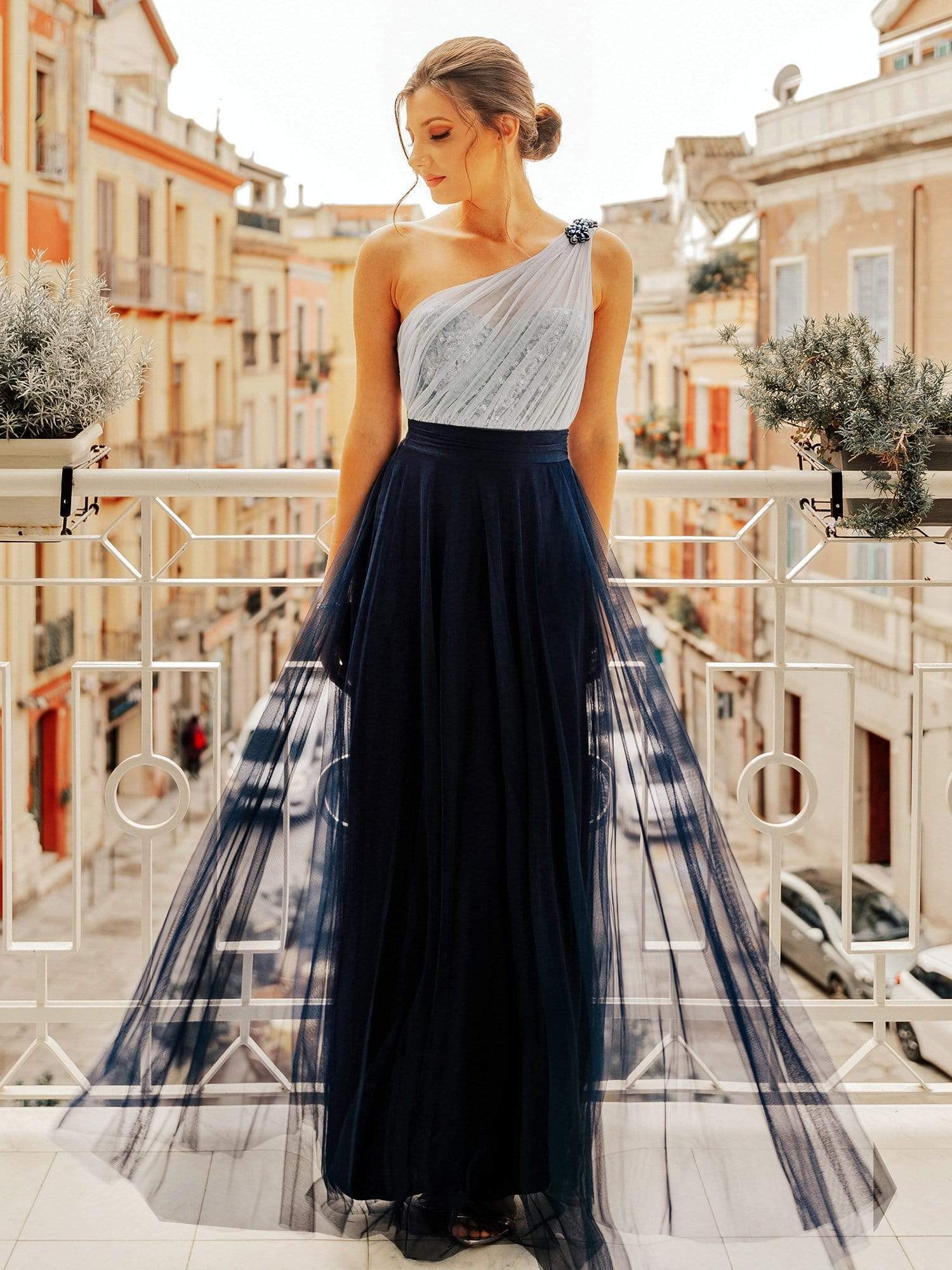 Color=Navy Blue | Long One Shoulder Tulle Party Dress-Navy Blue 1