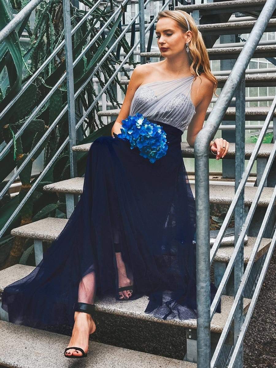 Color=Navy Blue | Long One Shoulder Tulle Party Dress-Navy Blue 7