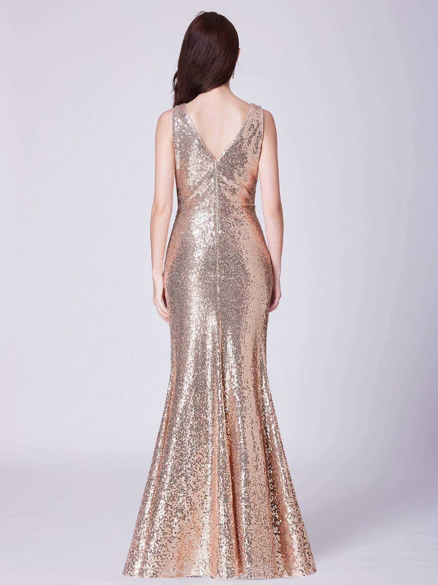 Color=Rose Gold | Elegant V Neck Sequin Evening Dress-Rose Gold 2