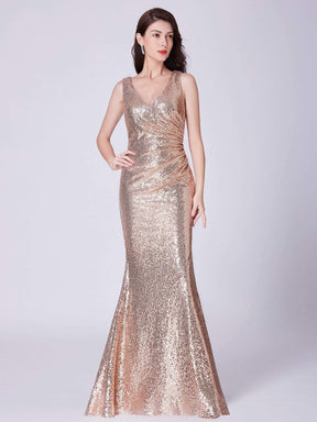 Color=Rose Gold | Elegant V Neck Sequin Evening Dress-Rose Gold 3