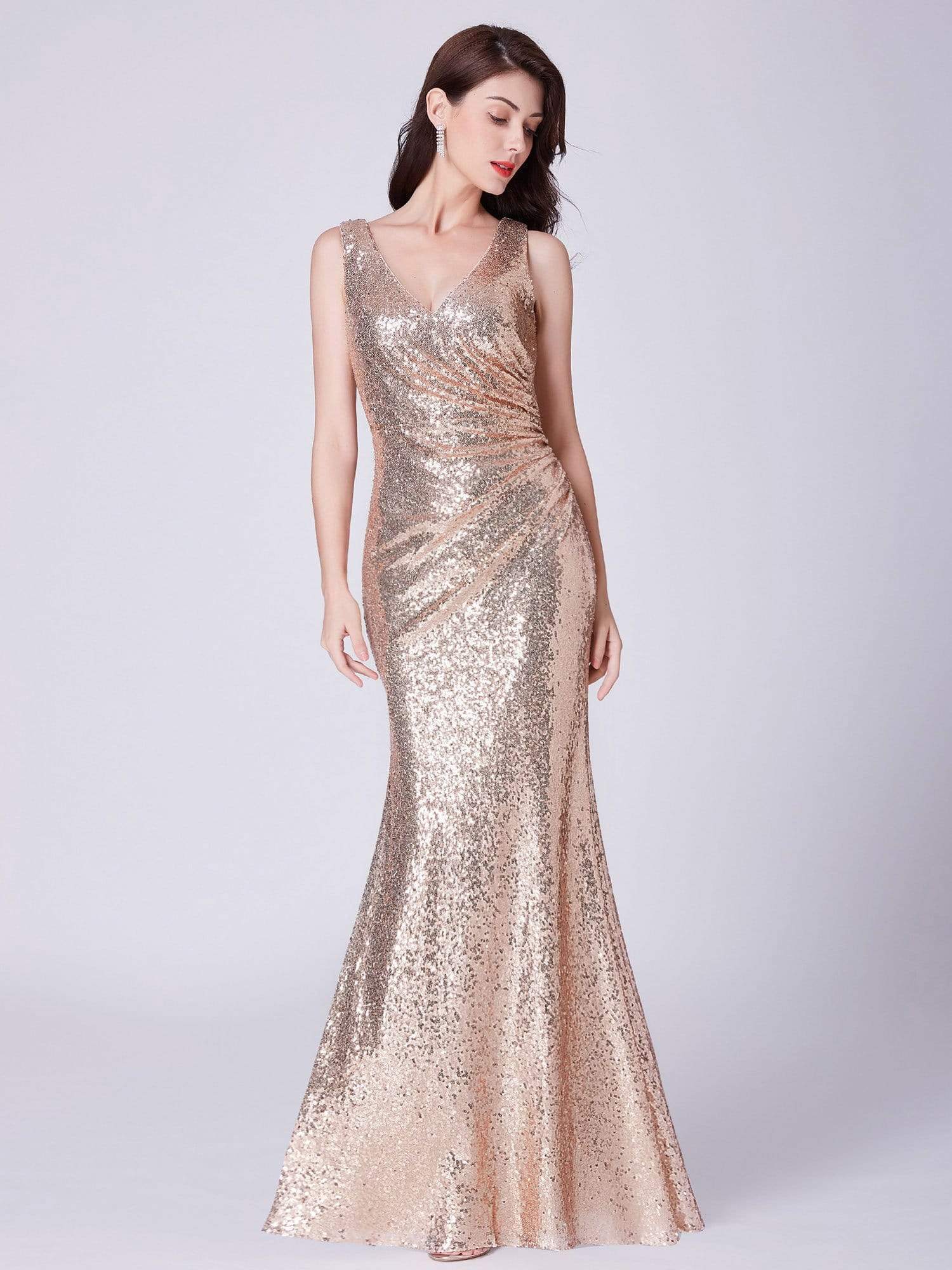 Color=Rose Gold | Elegant V Neck Sequin Evening Dress-Rose Gold 4