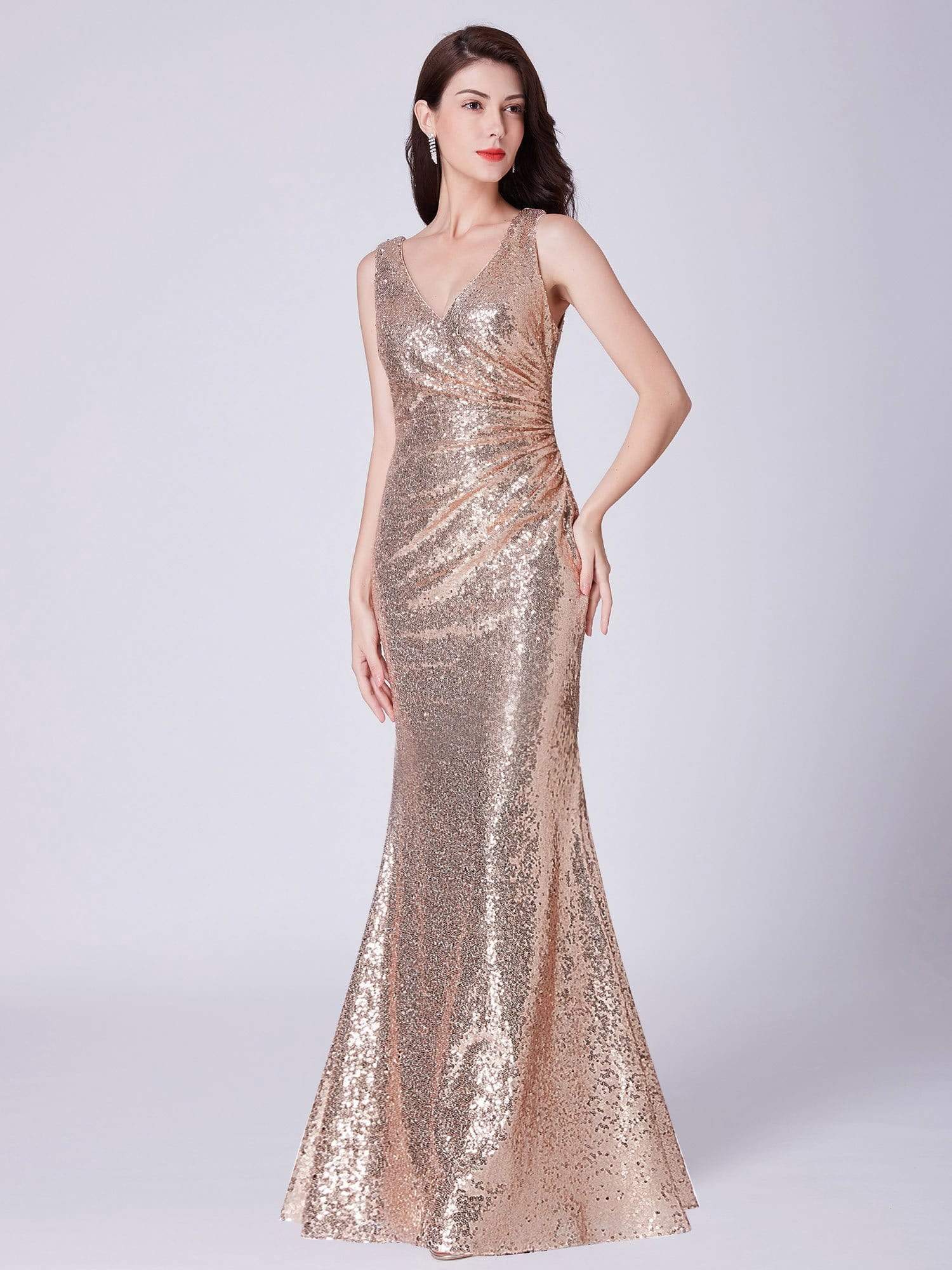 Color=Rose Gold | Elegant V Neck Sequin Evening Dress-Rose Gold 1