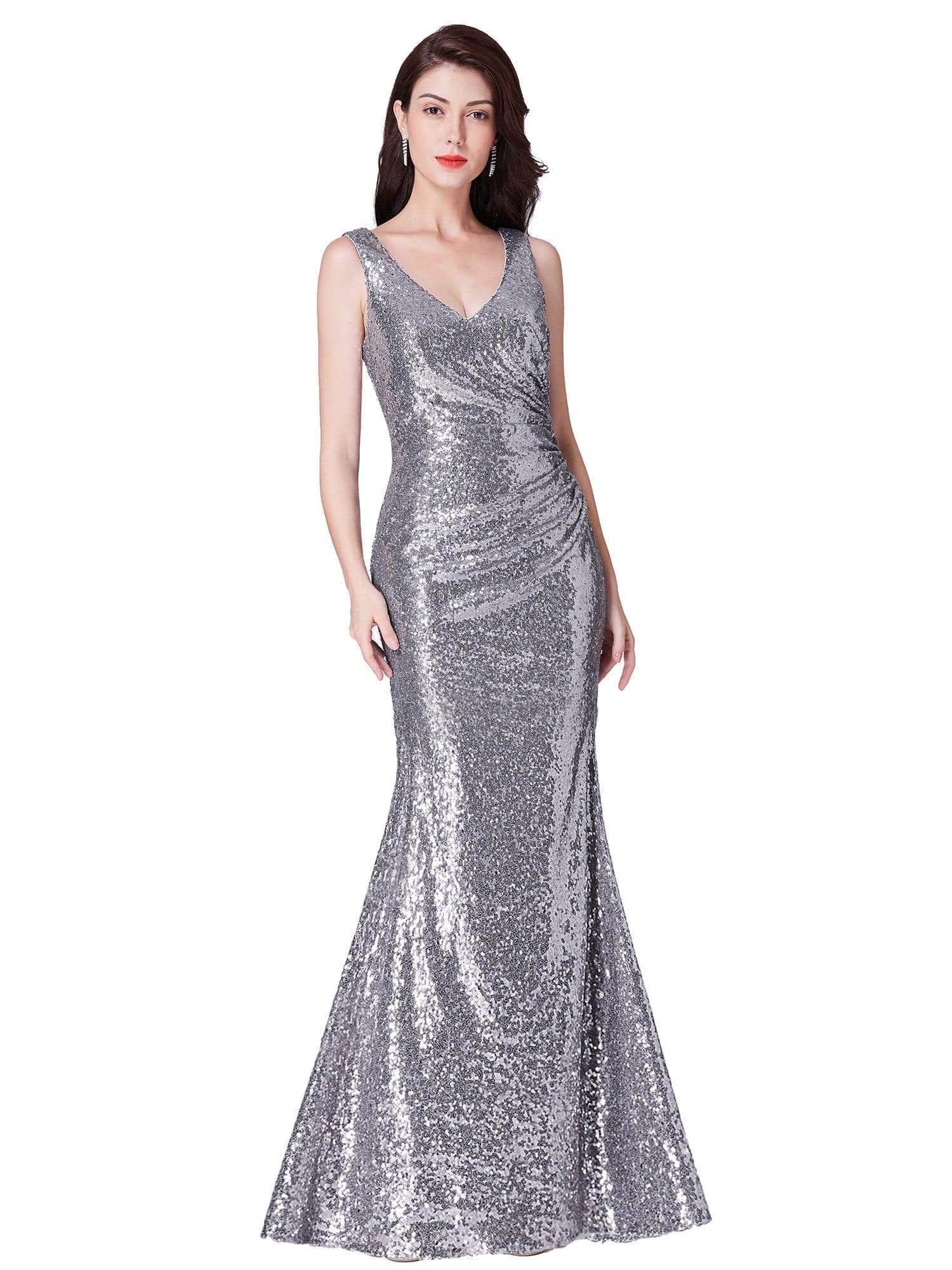 Color=Silver | Elegant V Neck Sequin Evening Dress-Silver 2