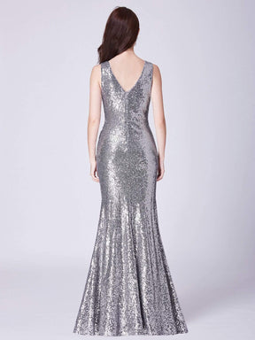 Color=Silver | Elegant V Neck Sequin Evening Dress-Silver 3