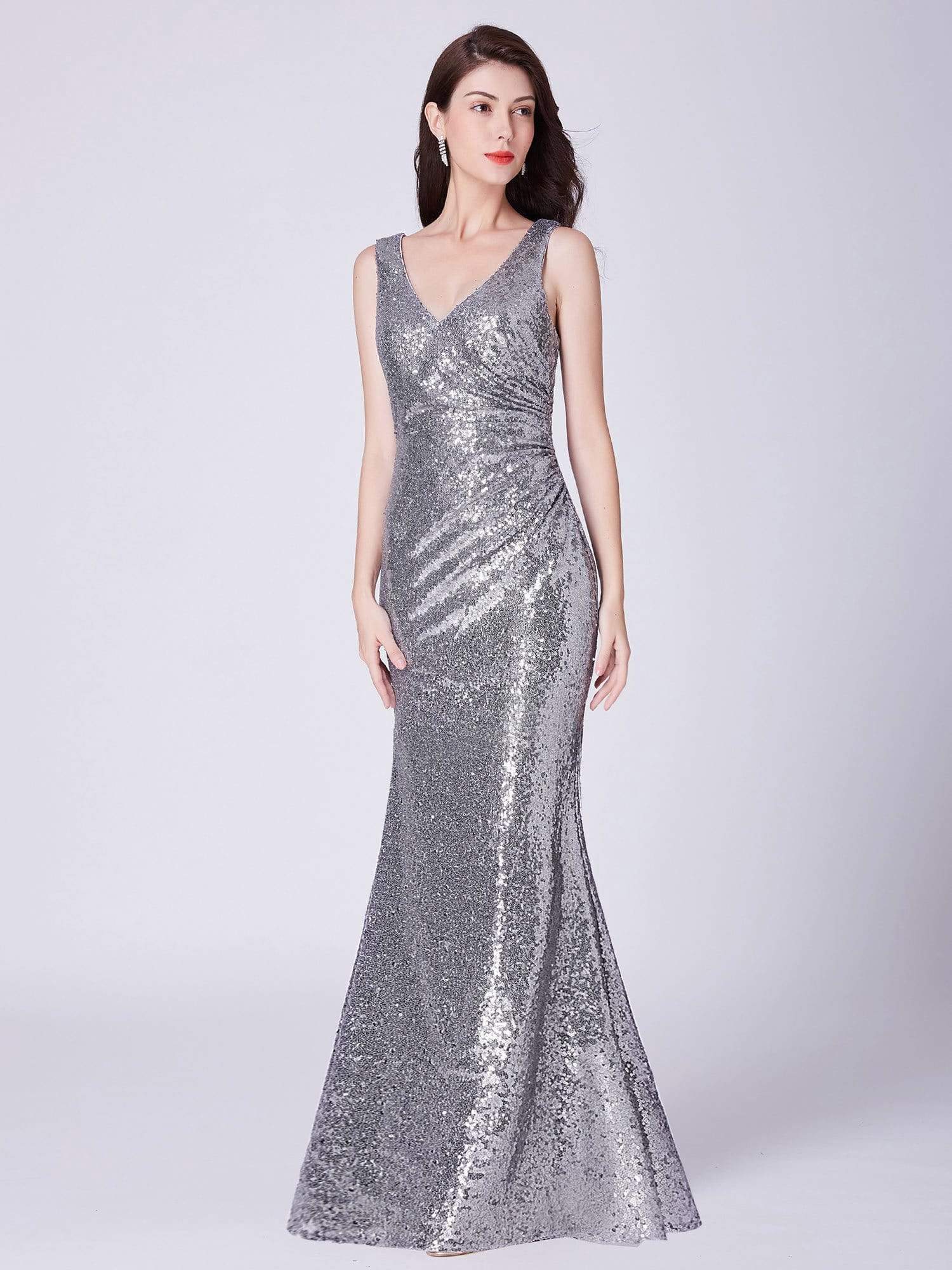 Color=Silver | Elegant V Neck Sequin Evening Dress-Silver 4