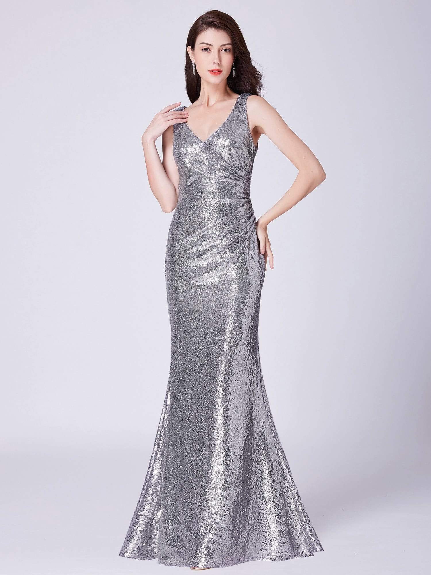 Color=Silver | Elegant V Neck Sequin Evening Dress-Silver 5