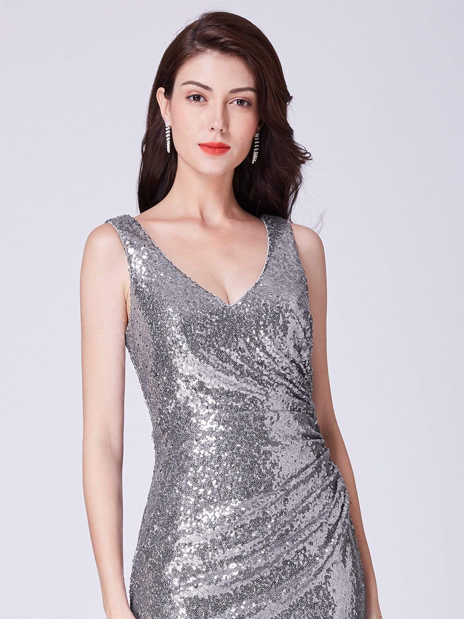 Color=Silver | Elegant V Neck Sequin Evening Dress-Silver 6