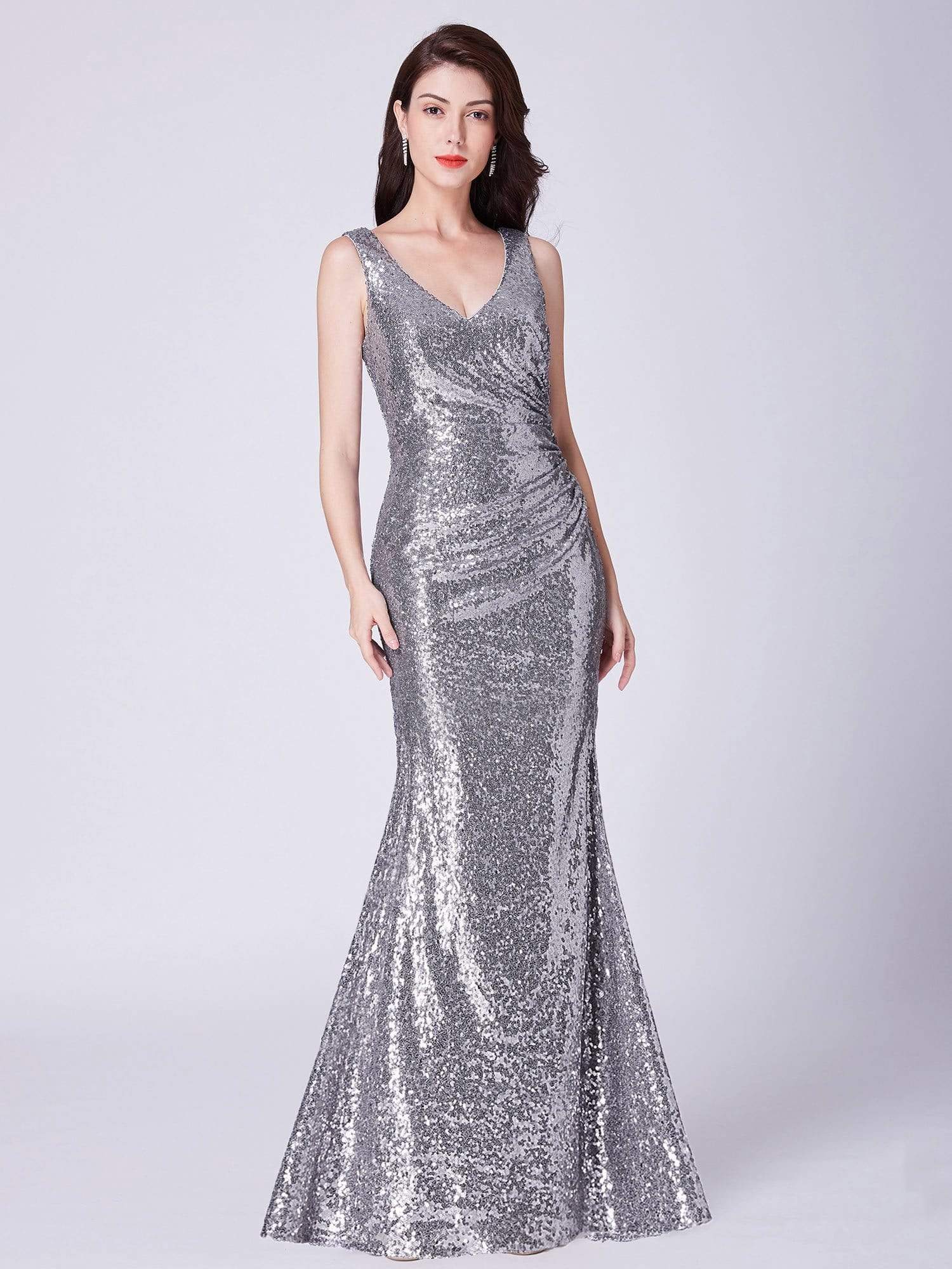 Color=Silver | Elegant V Neck Sequin Evening Dress-Silver 1