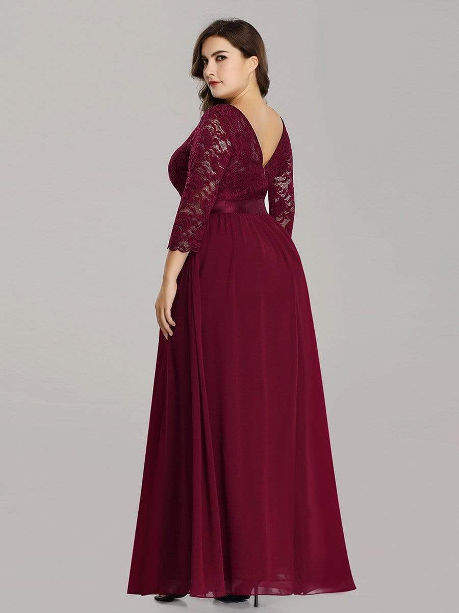 Color=Burgundy | Plus Size See-Through Floor Length Lace Evening Dress With Half Sleeve-Burgundy 6