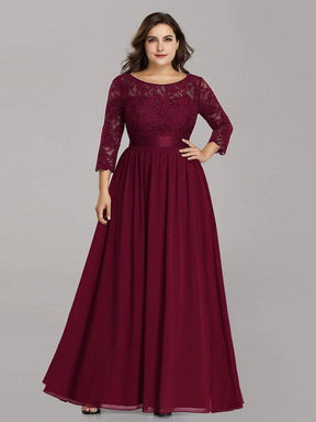 Color=Burgundy | Plus Size See-Through Floor Length Lace Evening Dress With Half Sleeve-Burgundy 7