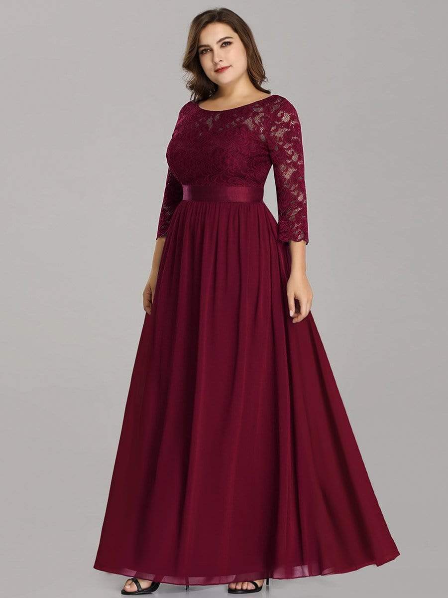 COLOR=Burgundy | See-Through Floor Length Lace Evening Dress With Half Sleeve-Burgundy 7