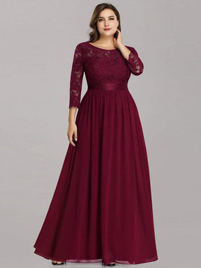 Color=Burgundy | Plus Size See-Through Floor Length Lace Evening Dress With Half Sleeve-Burgundy 5