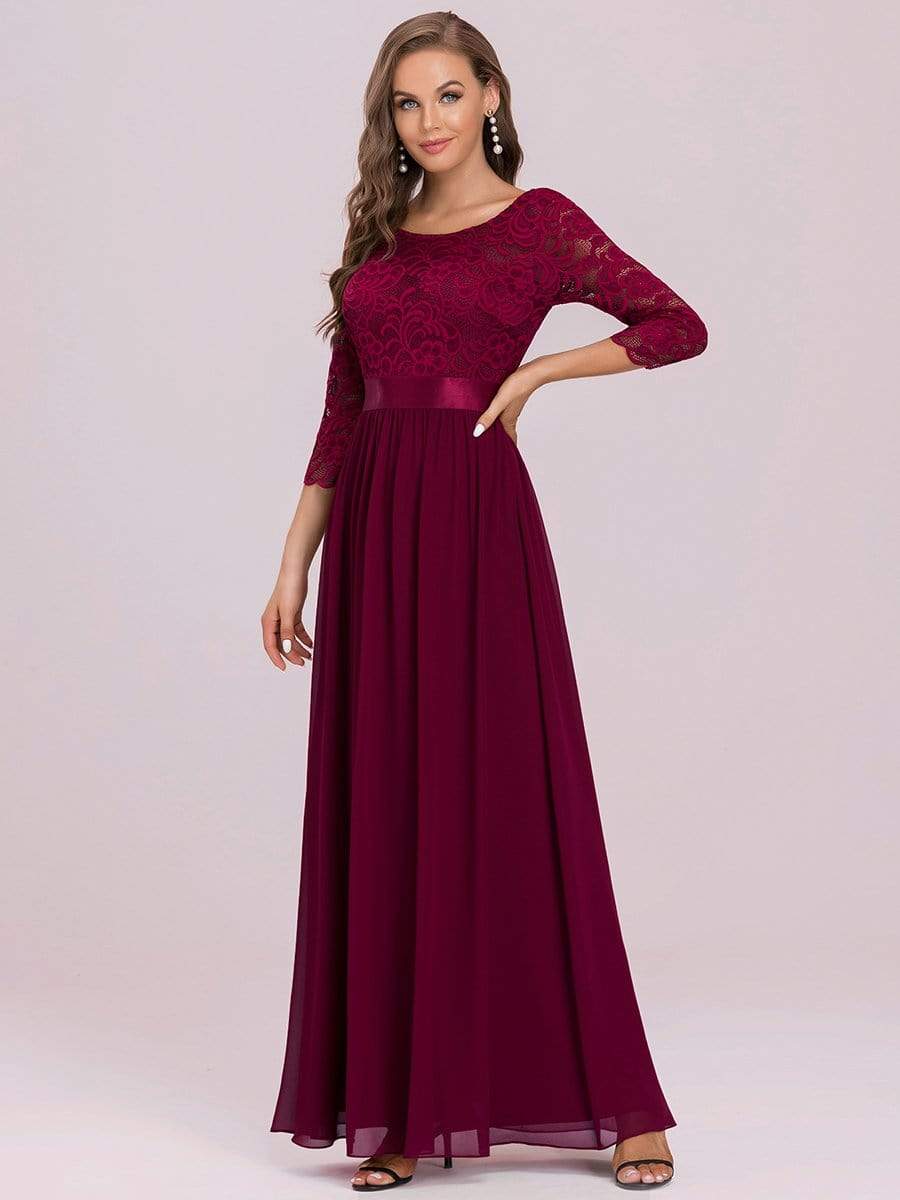 COLOR=Burgundy | See-Through Floor Length Lace Evening Dress With Half Sleeve-Burgundy 3