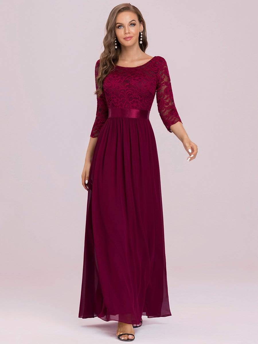 COLOR=Burgundy | See-Through Floor Length Lace Evening Dress With Half Sleeve-Burgundy 1