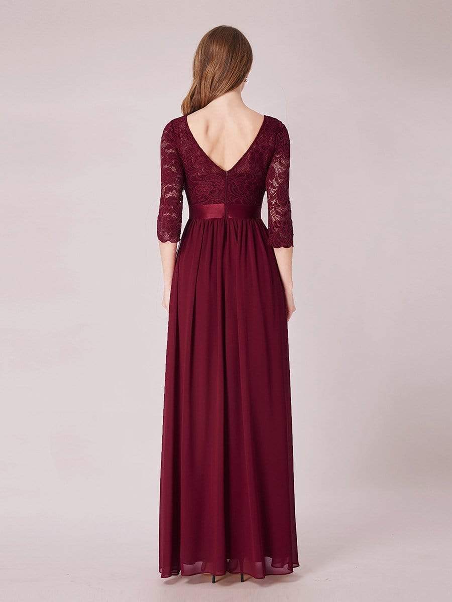 COLOR=Burgundy | See-Through Floor Length Lace Evening Dress With Half Sleeve-Burgundy 5