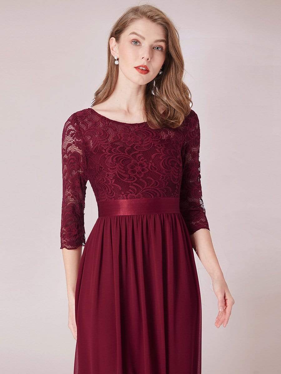 COLOR=Burgundy | See-Through Floor Length Lace Evening Dress With Half Sleeve-Burgundy 6