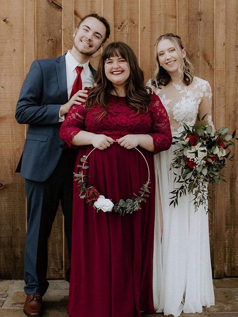 Color=Burgundy | Plus Size See-Through Floor Length Lace Evening Dress With Half Sleeve-Burgundy 2