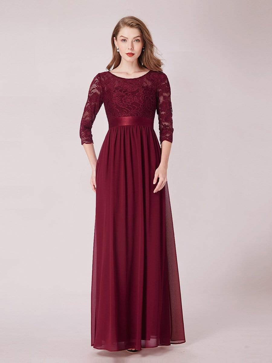 COLOR=Burgundy | See-Through Floor Length Lace Evening Dress With Half Sleeve-Burgundy 4